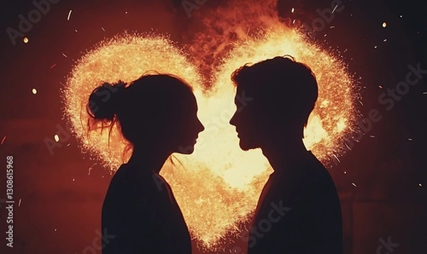 Obraz This silhouette image of a couple with a fiery heart in the background is a striking representation of passion, romance, and deep connection