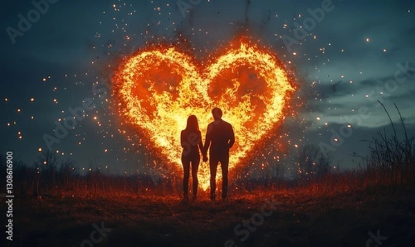 Obraz This silhouette image of a couple with a fiery heart in the background is a striking representation of passion, romance, and deep connection
