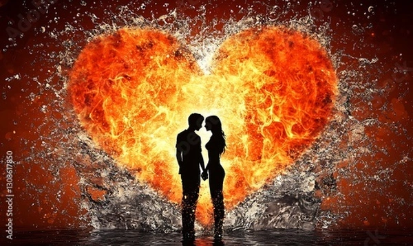 Obraz This silhouette image of a couple with a fiery heart in the background is a striking representation of passion, romance, and deep connection
