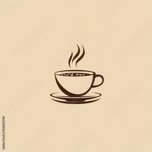 Fototapeta Elegant minimalist coffee cup design featuring steam and scattered beans in warm brown and beige tones ideal for cafe branding