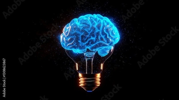 Obraz A glowing blue brain enclosed in a light bulb against a dark background, representing the concept of artificial intelligence, creativity, and innovation. Ideal for use in tech, science, or education