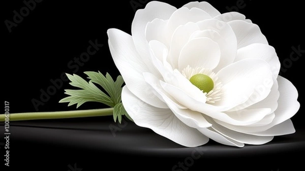 Obraz A delicate white flower with layered petals and a green center, resting gracefully against a dark background.
