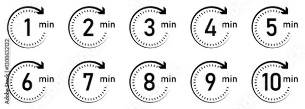 Fototapeta Timer, clock, stopwatch vector icon set. Timer icon set, timer from 1 to 10 minutes. 1, 2, 3, 4, 5, 6, 7, 8, 9, 10, min, timer clock isolated vector illustration. Flat style.