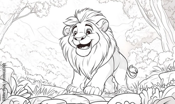 Obraz This is a black-and-white coloring book illustration featuring a happy cartoon lion in a lush jungle setting