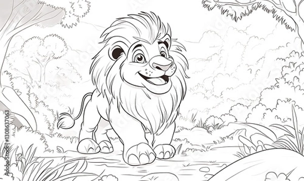 Obraz This is a black-and-white coloring book illustration featuring a happy cartoon lion in a lush jungle setting