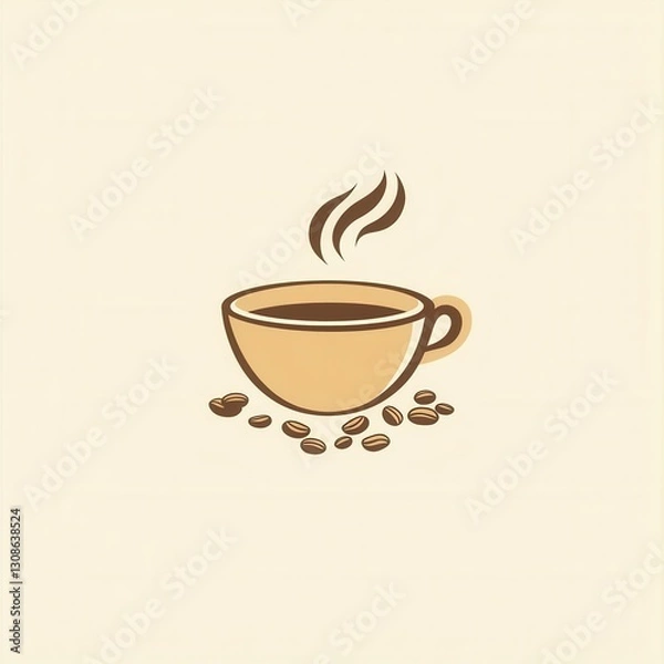 Obraz Elegant minimalist coffee cup logo featuring steam and scattered coffee beans in warm tones