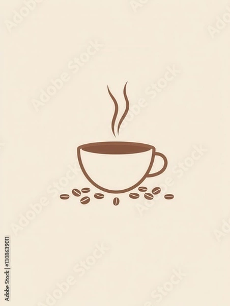 Fototapeta Elegant minimalist coffee cup logo featuring simple steam lines and scattered coffee beans in warm brown and beige tones