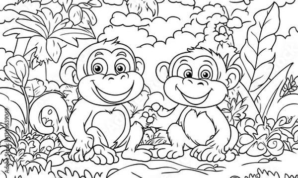 Obraz This is a black-and-white coloring book illustration featuring a happy cartoon lion in a lush jungle setting
