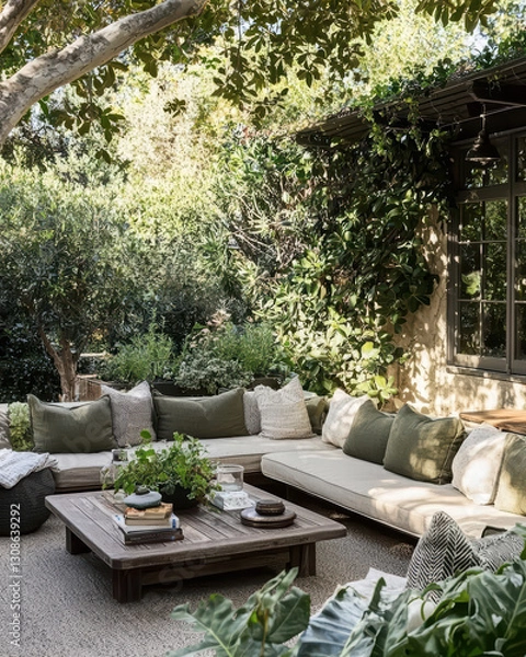 Obraz Outdoor Oasis: A tranquil outdoor living space showcases comfortable seating, a wooden table, and lush greenery, creating a serene and inviting atmosphere.