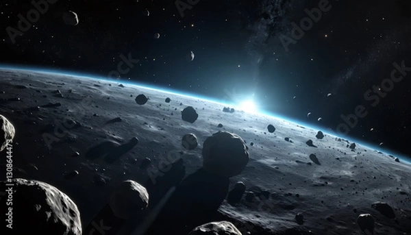 Fototapeta Cosmic Scene of Asteroids Orbiting a Distant Planet in Space