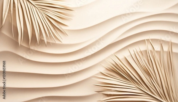 Fototapeta Beige wavy background with dried palm leaves.