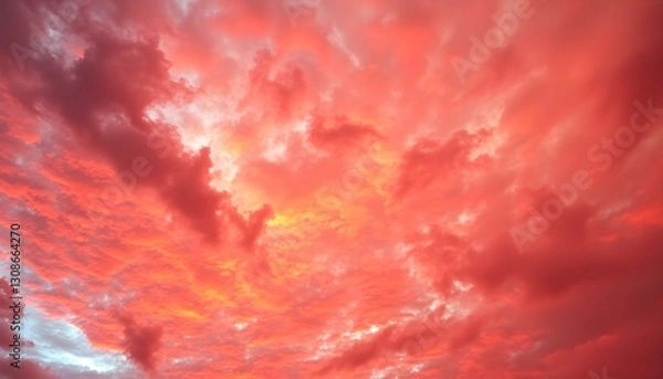 Obraz A dramatic sky filled with deep red and orange hues, showcasing dense, textured clouds with varying shades, creating a fiery and intense atmosphere.