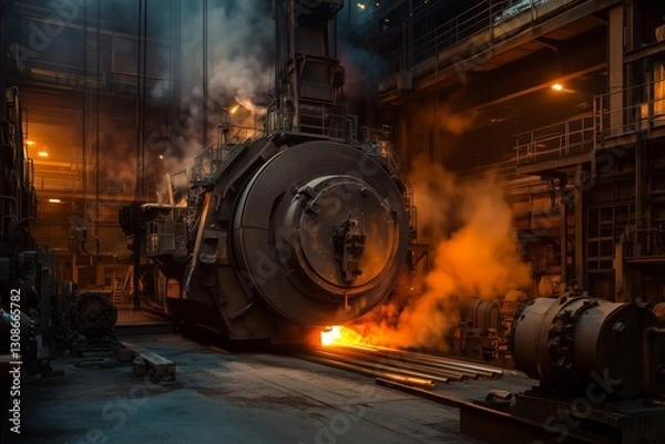 Obraz Steel plant with operating heavy machinery in action