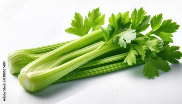Fototapeta Fresh celery stalks with a crisp texture, isolated on a white background, offering a vibrant and healthy look ideal for health and wellness concepts.
