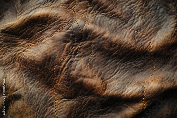 Fototapeta Close-up of textured, brown leather with visible stitching, showcasing its natural wrinkles and aged appearance.