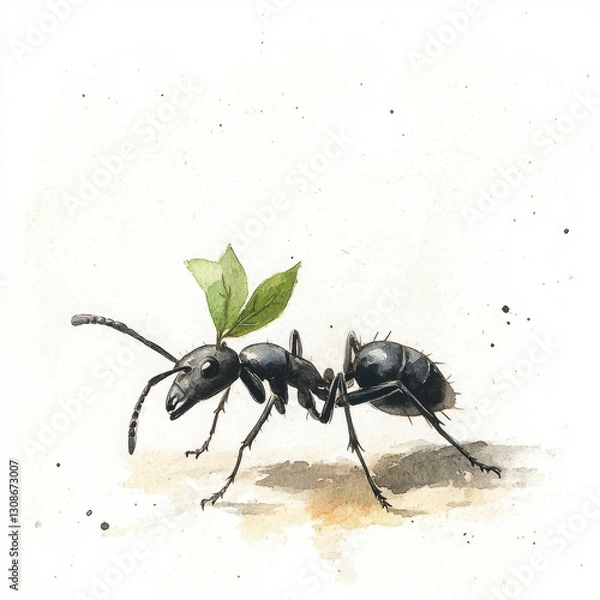 Fototapeta ant carries leaf on its head, diligently working and finding sustenance