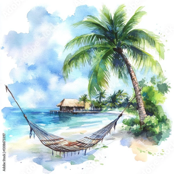 Fototapeta Watercolor illustration of peaceful beach scene evokes tranquility