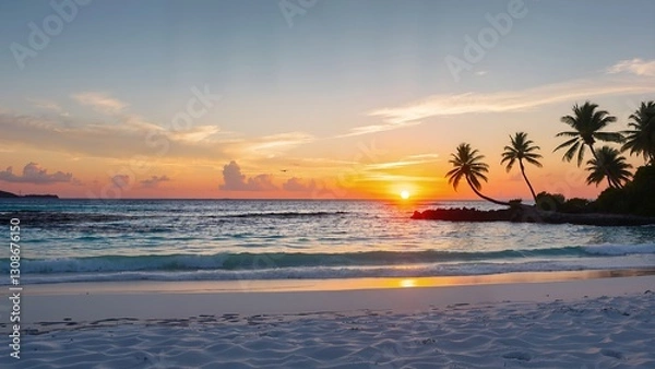 Fototapeta Tropical beach sunset with golden sun reflecting on the ocean. Palm trees silhouette against the colorful sky. Waves gently lap the white sand