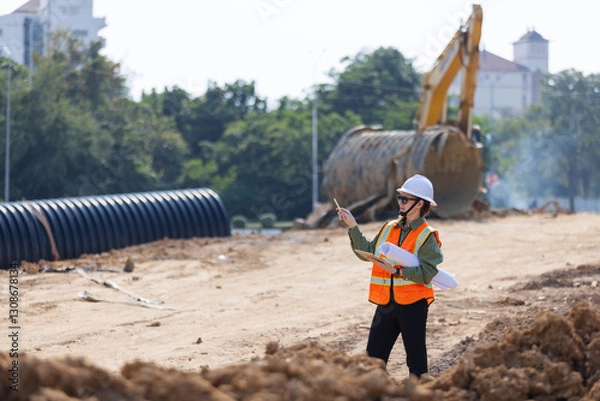 Obraz A female engineer wearing a safety vest and hard hat directs work at a construction site. 