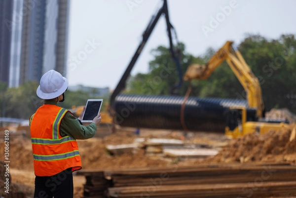 Fototapeta A construction engineer wearing a safety vest and hard hat monitors site progress using a tablet and phone. Heavy machinery and large drainage pipes are being installed in the background