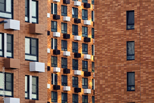 Fototapeta Modern residential buildings with brick facades and a rhythmic arrangement of windows create an abstract geometric pattern in the urban space.