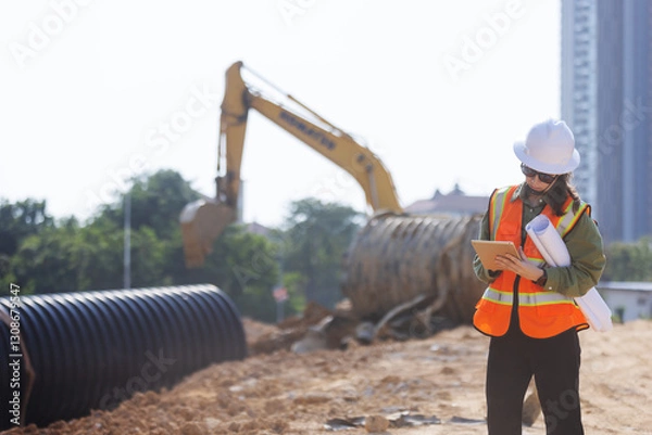 Obraz A female engineer wearing a safety vest and hard hat inspects a construction site with large drainage pipes and an excavator in the background. She holds blueprints and a tablet, documenting progress