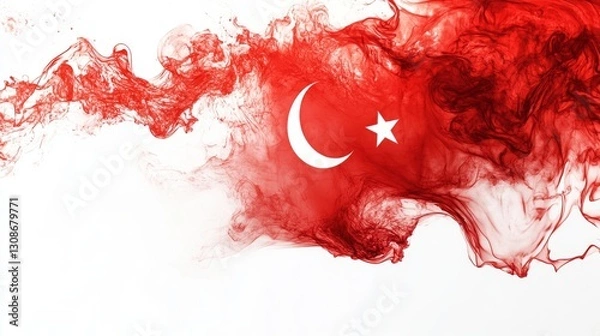 Fototapeta A Turkish flag waves against a white background.  It's a social media image promoting Turkey.
