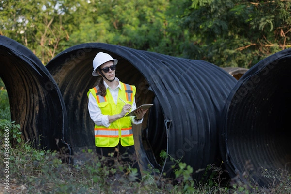 Fototapeta A female engineer inspects a damaged large drainage pipe outdoors. She wears a safety vest, hard hat, and sunglasses while taking notes. The pipe is deformed, possibly marked for dismantling