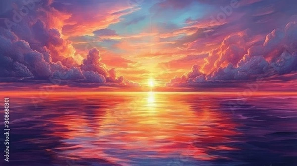 Obraz A vibrant sunset over a vast ocean horizon, with dramatic clouds painted in fiery hues of orange, pink, and purple reflecting on the calm water