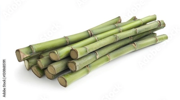 Fototapeta A bundle of fresh, light green bamboo stalks, close-up, isolated on white background.
