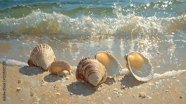 Fototapeta Seashells on Sandy Beach Ocean Waves Crashing Summer Sunlight Coastal Scene