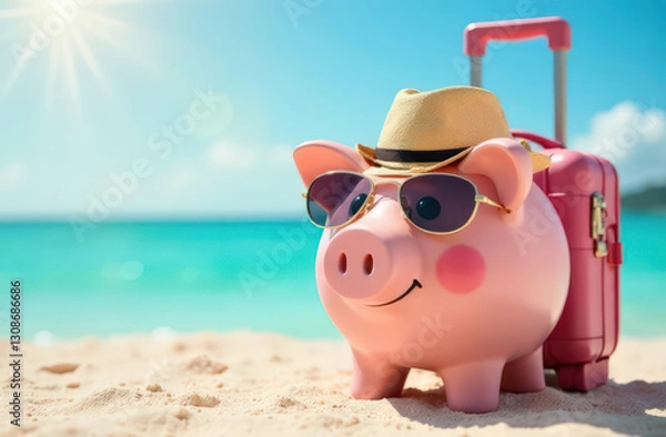 Fototapeta Piggy bank on tropical beach with suitcase, wearing sunglasses and hat under sunlight