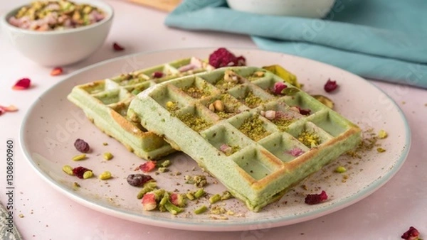 Fototapeta A pair of medium-sized waffles with a light green hue, infused with pistachio and topped with a rosewater glaze.