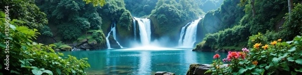 Obraz A beautiful waterfall surrounded by lush green trees and a serene lake