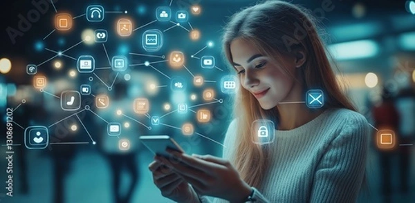 Fototapeta Smiling young woman using her smartphone, surrounded by futuristic digital icons and a holographic interface, representing technology, connectivity, and social media.  

