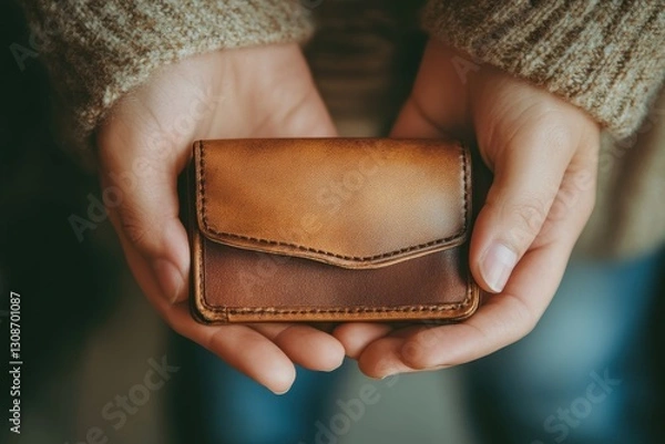 Fototapeta Holding a rustic leather wallet in warm hands against a cozy backdrop in soft lighting