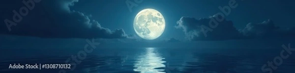 Fototapeta Radiant full moon casts ethereal glow on tranquil dark ocean, shimmering reflection , black, waves