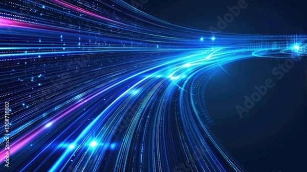Obraz Abstract blue digital network background with lines and nodes. Digital artwork of glowing digital wave waving and flowing at black background. Technology innovation and data visualization. AIG55.