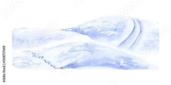 Fototapeta Snow-covered hills, slides, snowdrifts. Ski track, paths, tracks. Part of the landscape-constructor. Watercolor illustration, hand-drawn on the background isolated. For decor, design, polygraphy