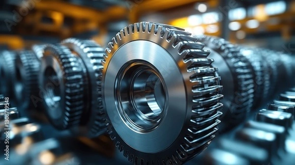 Obraz A gigantic gear system, its polished teeth interlocking in perfect synchronization.