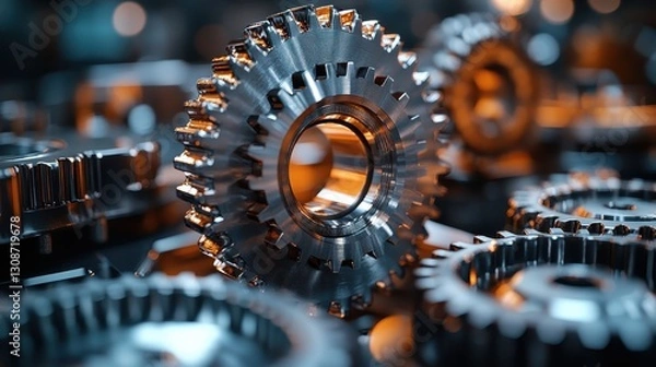 Obraz A gigantic gear system, its polished teeth interlocking in perfect synchronization.
