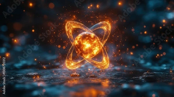 Obraz A glowing atom model surrounded by abstract swirling light.