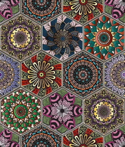 Fototapeta Oriental seamless pattern in style of colorful floral patchwork boho chic with mandala in hexagon elements