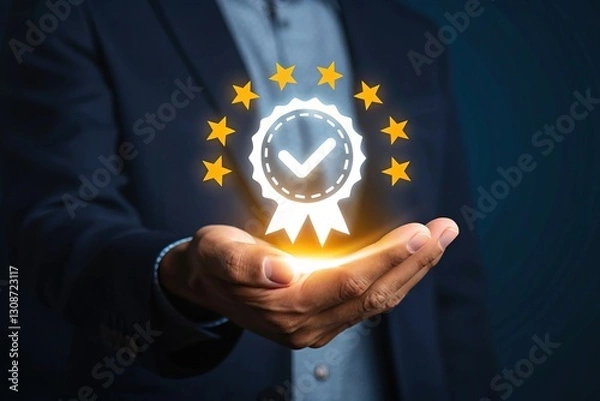 Fototapeta A hand holding a glowing badge symbolizing quality and achievement, surrounded by stars against a dark background.