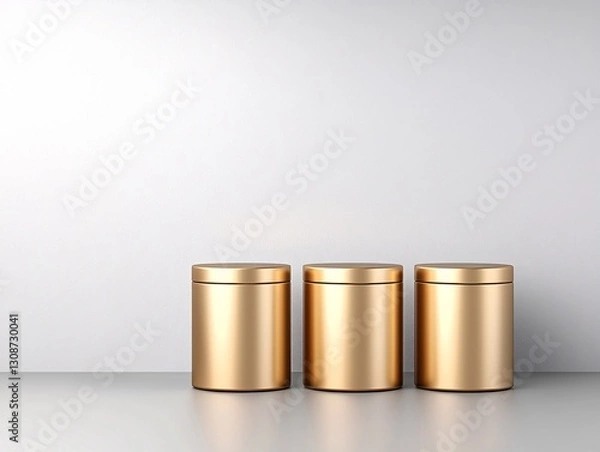 Fototapeta Elegant 3D podium with metallic gold surfaces, soft studio lighting, luxury branding aesthetic, sophisticated textures, premium product showcase, stylish and polished design, hyperrealistic finish