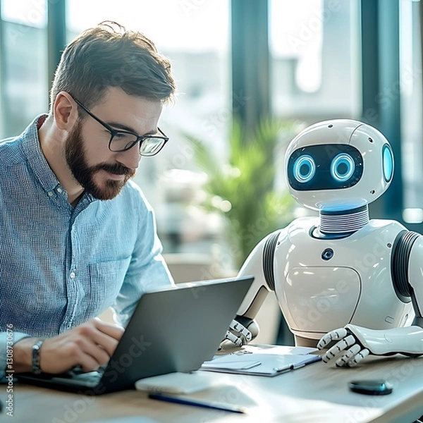 Fototapeta Ai-powered robotic assistant enhances future work with technology and virtual reality in office environment