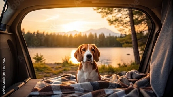 Obraz Glamping with a dog requires safe and comfortable travel. Traveling with a dog requires car safety and camping prep. A beagle sits in a car trunk, surrounded by a cozy blanket