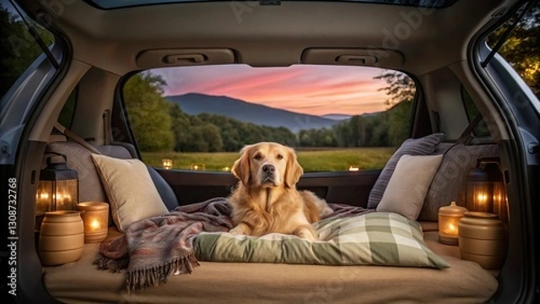 Obraz Glamping with a dog requires safe and comfortable travel. A serene golden retriever rests comfortably in an SUV, surrounded by cozy blankets and lanterns, with a picturesque sunset backdrop.