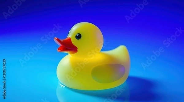 Fototapeta Floating Yellow Rubber Duck Bath Toy with Water Ripples and Soft Lighting