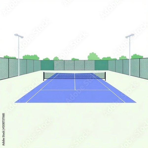 Fototapeta Tennis Court Illustration: Flat Vector Design, Outdoor Sport Game, Minimal Graphic with Net and Lines, Blue and White Icon